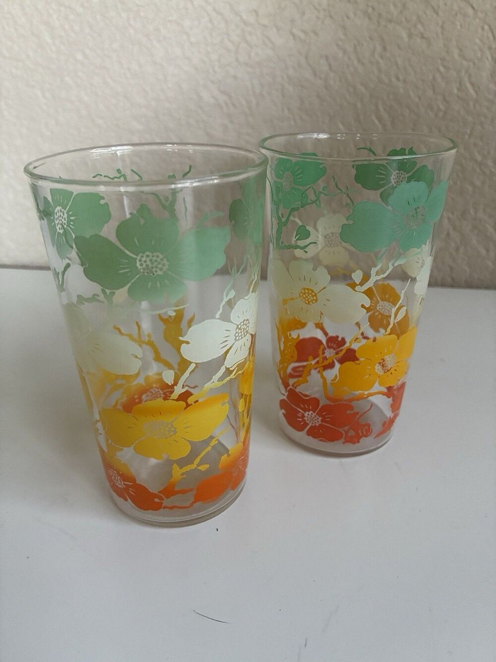 Vintage Anchor Hocking Floral 4.75" Drinking Glasses 1950s Set Of 2